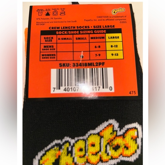 Cheetos Odd Sox Crew Socks 2 Pair Men 8-12 W 9-13 Orange Black w Logo Snacks NEW - Picture 3 of 10